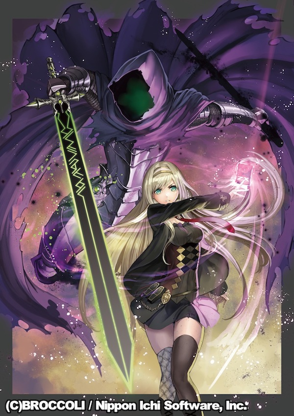 1boy 1girl arm_up armor black_legwear blonde_hair cape card chain coffin covered_navel dual_wielding emblem english_text gauntlets glowing greaves green_eyes grey_legwear holding holding_sword holding_weapon hood hood_up long_hair mismatched_legwear necktie nkmr8 official_art parted_lips purple_cape red_neckwear runes shaded_face skirt sword thigh-highs torn_cape torn_clothes vambraces weapon z/x