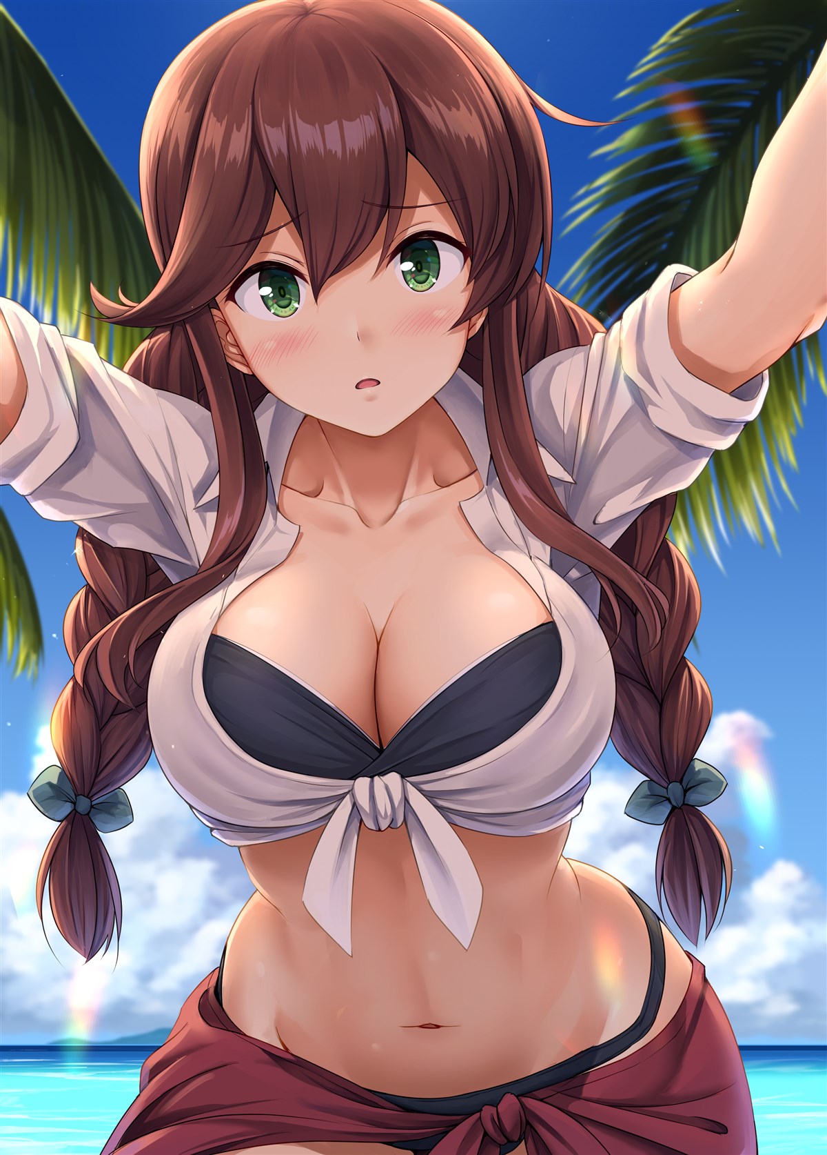 1girl bikini black_bikini blue_sky blush braid breasts brown_hair clouds cloudy_sky collarbone cowboy_shot day eyebrows_visible_through_hair green_eyes groin hair_between_eyes highres ichikawa_feesu kantai_collection large_breasts long_hair looking_at_viewer navel noshiro_(kantai_collection) ocean open_mouth palm_tree sky solo swimsuit tree twin_braids