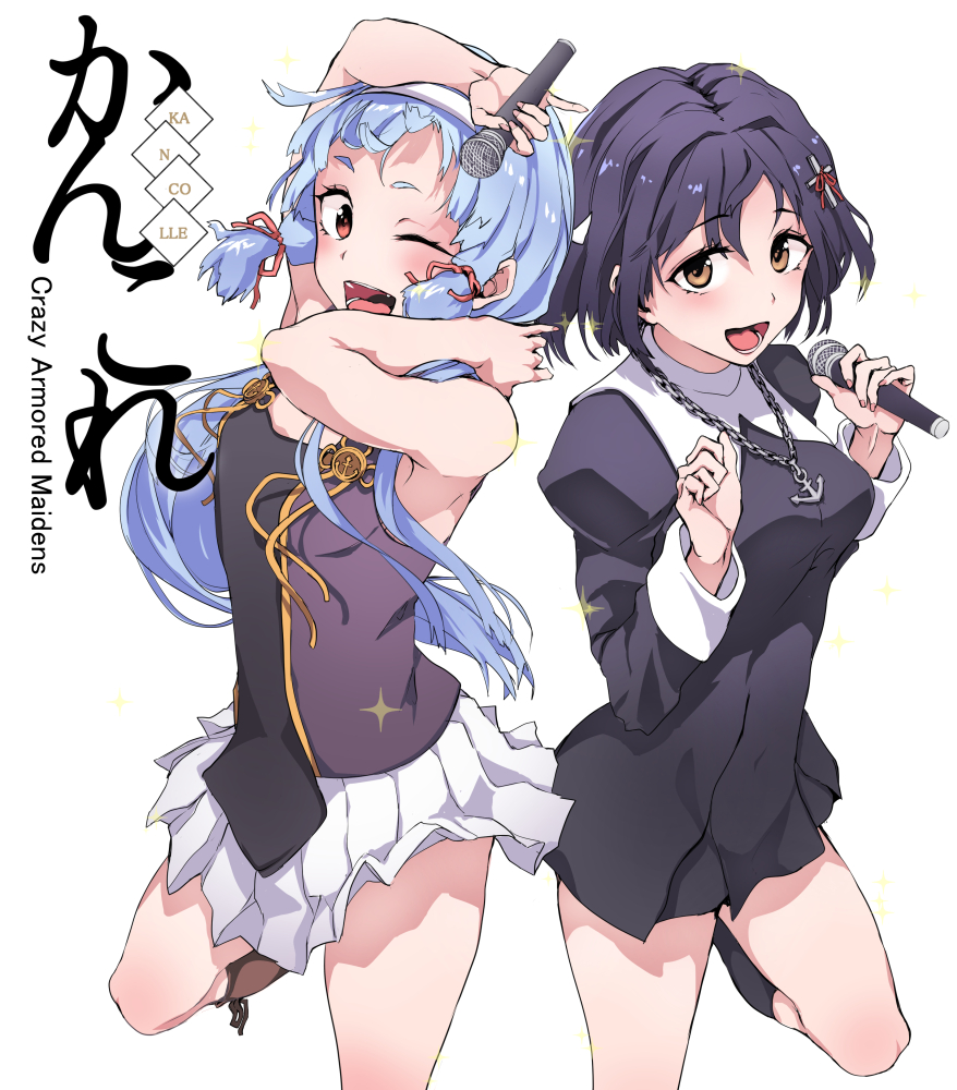 2girls anchor_necklace bangs blush breasts brown_eyes crossover dress eyebrows_visible_through_hair haguro_(kantai_collection) hair_ornament hair_ribbon holding holding_microphone jewelry kannagi kantai_collection long_hair long_sleeves microphone multiple_girls murakumo_(kantai_collection) necklace one_eye_closed open_mouth parody purple_hair red_eyes ribbon short_hair silver_hair simple_background sleeveless sparkle tress_ribbon white_background yukiguni_yuu