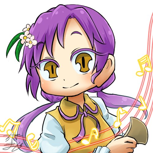 1girl bachi chamaji eyebrows_visible_through_hair flower hair_flower hair_ornament hand_up long_hair long_sleeves looking_at_viewer lowres musical_note neck_ribbon plectrum purple_hair ribbon signature simple_background smile solo touhou tsukumo_benben twintails upper_body white_background yellow_eyes