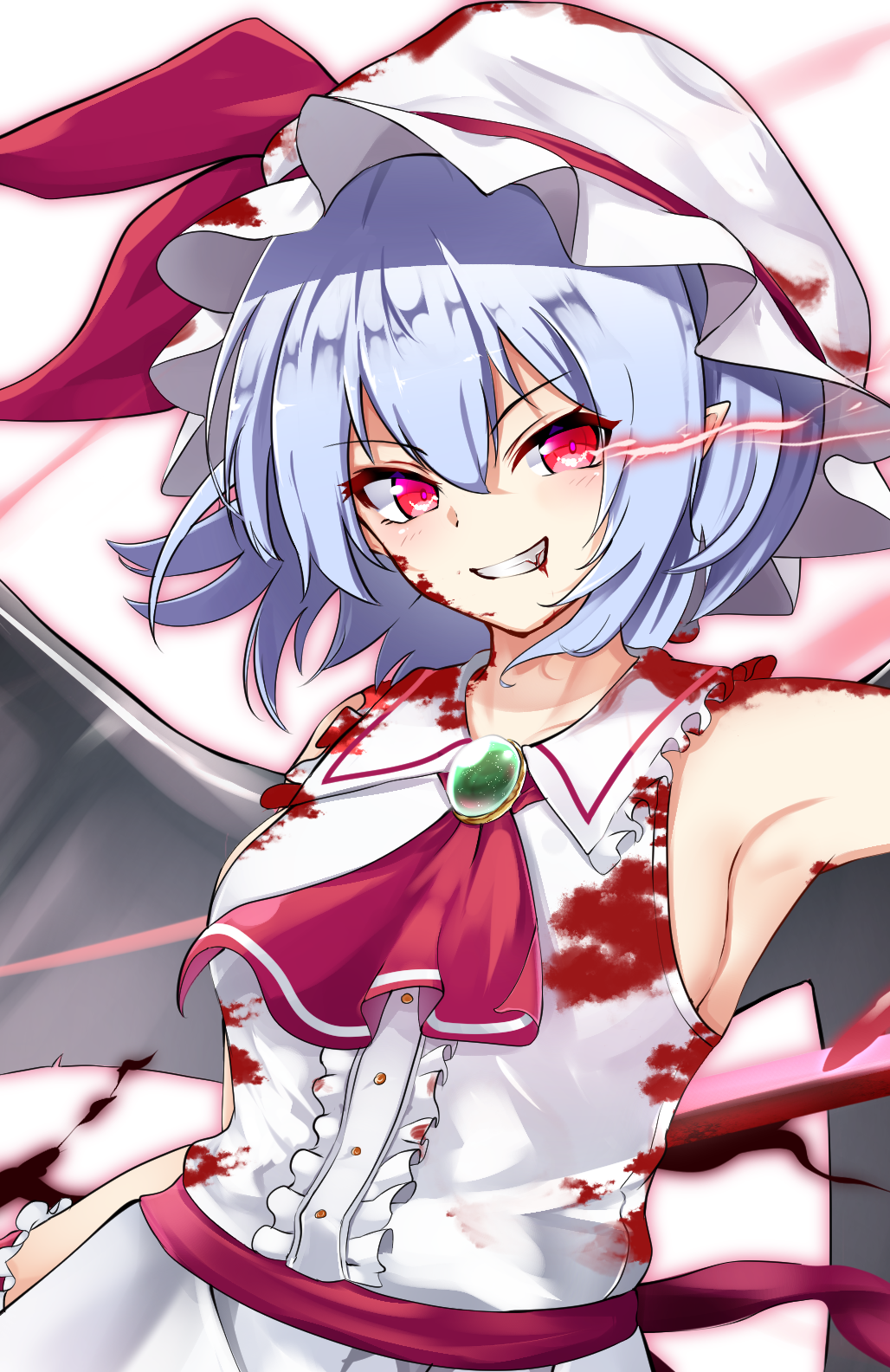 1girl adapted_costume arm_up armpits bat_wings blood blood_on_face bloody_clothes blue_hair breasts brooch cravat dress energy fang frilled_shirt_collar frills glowing glowing_eyes grin hair_between_eyes hat hat_ribbon highres jewelry light_blue_hair light_trail looking_at_viewer masaki_nanaya mob_cap red_eyes red_neckwear remilia_scarlet ribbon sash short_hair sideboob sleeveless sleeveless_dress small_breasts smile solo standing touhou upper_body white_background white_dress white_headwear wings