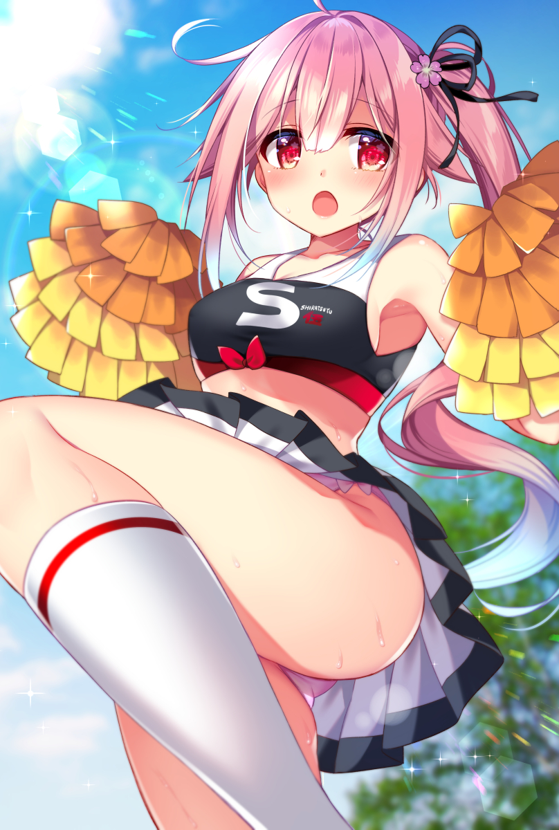 1girl alternate_costume armpits bangs bare_shoulders blue_hair blurry blurry_background blush breasts cheerleader clouds cloudy_sky commentary_request crop_top eyebrows_visible_through_hair flower gradient_hair hair_between_eyes hair_flower hair_ornament hair_ribbon harusame_(kantai_collection) highres kantai_collection leg_up light_rays long_hair looking_at_viewer medium_breasts multicolored_hair open_mouth panties pink_hair pink_panties pleated_skirt pom_poms red_eyes ribbon ringo_sui side_ponytail sidelocks skirt sky sleeveless socks solo sparkle sunbeam sunlight sweat underwear white_legwear