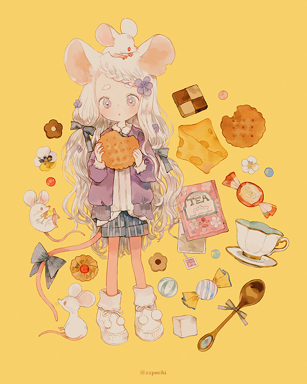 1girl :o animal_ears black_bow black_ribbon blue_flower bow braid candy checkerboard_cookie cheese cookie cracker cup flower food hair_flower hair_ornament hair_ribbon holding holding_food jacket long_hair mouse mouse_ears original pantyhose pechika pink_hair pom_pom_(clothes) purple_jacket ribbon shirt shorts simple_background slippers solo spoon striped striped_shorts sugar_cube tail tail_bow teabag teacup thick_eyebrows twitter_username white_flower white_footwear white_shirt yellow_background