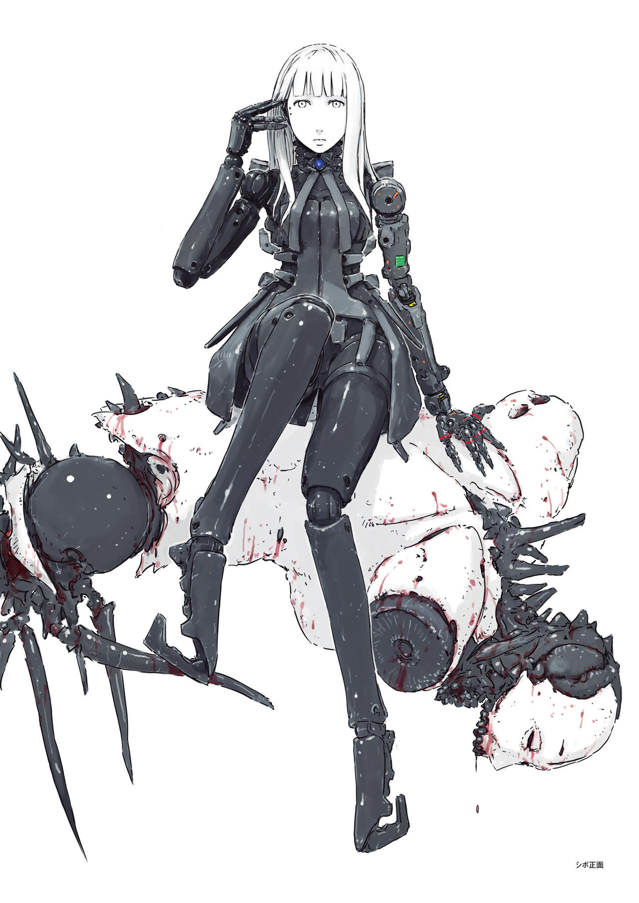 1girl arm_up bangs black_bodysuit blame! blunt_bangs bodysuit cibo cyberpunk cyborg damaged defeat expressionless full_body greyscale highres long_hair long_legs looking_at_viewer mechanical_arm mechanical_arms mechanical_hand mechanical_legs monochrome nihei_tsutomu pale_skin robot robot_joints safeguard_(blame!) sitting solo spot_color tall tall_female white_eyes white_skin
