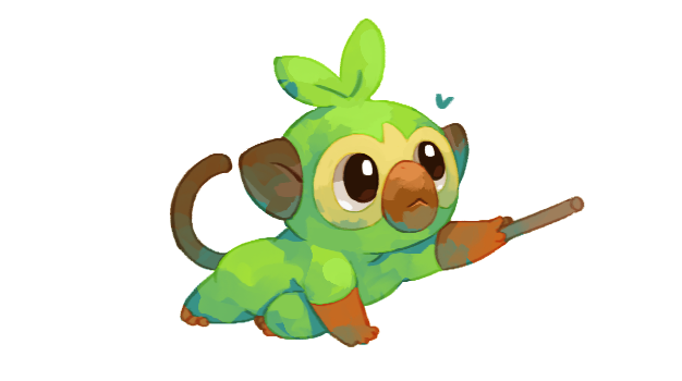 :&lt; arm_up brown_eyes closed_mouth full_body gen_8_pokemon grookey heart holding leaning looking_up no_humans outstretched_arm pokemon pokemon_(creature) seafoodbf simple_background sitting solo stick symbol_commentary white_background