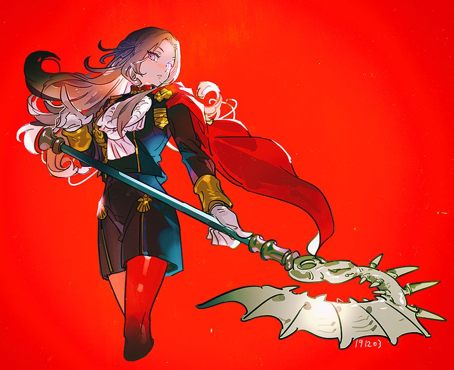 1girl axe aymr_(weapon) cape edelgard_von_hresvelg fire_emblem fire_emblem:_three_houses garreg_mach_monastery_uniform gloves hair_ribbon haun holding holding_axe holding_weapon long_hair pantyhose red_cape ribbon solo violet_eyes weapon white_gloves wind wind_lift