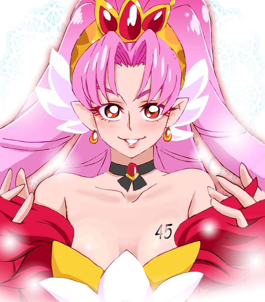 1girl akagi_towa choker cure_scarlet earrings go!_princess_precure graphite_(medium) jewelry long_hair looking_at_viewer magical_girl millipen_(medium) onnaski open_mouth pink_hair pointy_ears precure precure_all_stars red_eyes smile solo traditional_media