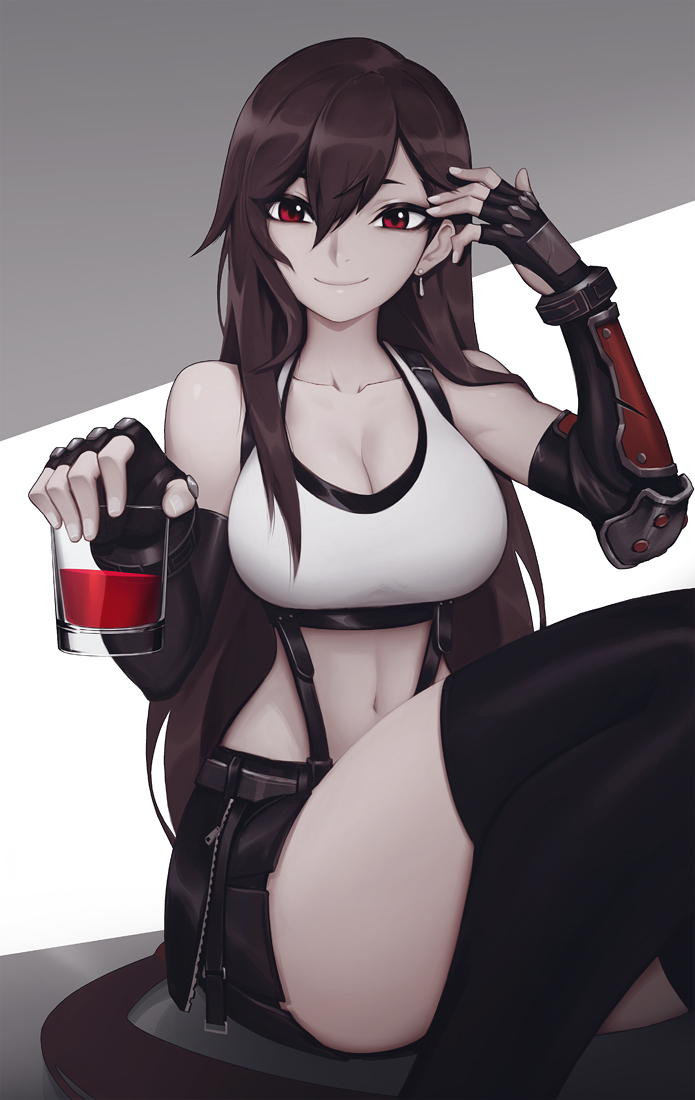 1girl alcohol bangs black_gloves black_legwear black_skirt breasts brown_hair closed_mouth cup earrings elbow_pads english_commentary final_fantasy final_fantasy_vii final_fantasy_vii_remake fingerless_gloves gloves hair_between_eyes holding holding_cup jewelry large_breasts liyart long_hair looking_at_viewer pencil_skirt pov red_eyes shirt sidelocks sitting skirt smile suspender_skirt suspenders tank_top taut_clothes taut_shirt thigh-highs thighs tifa_lockhart white_tank_top
