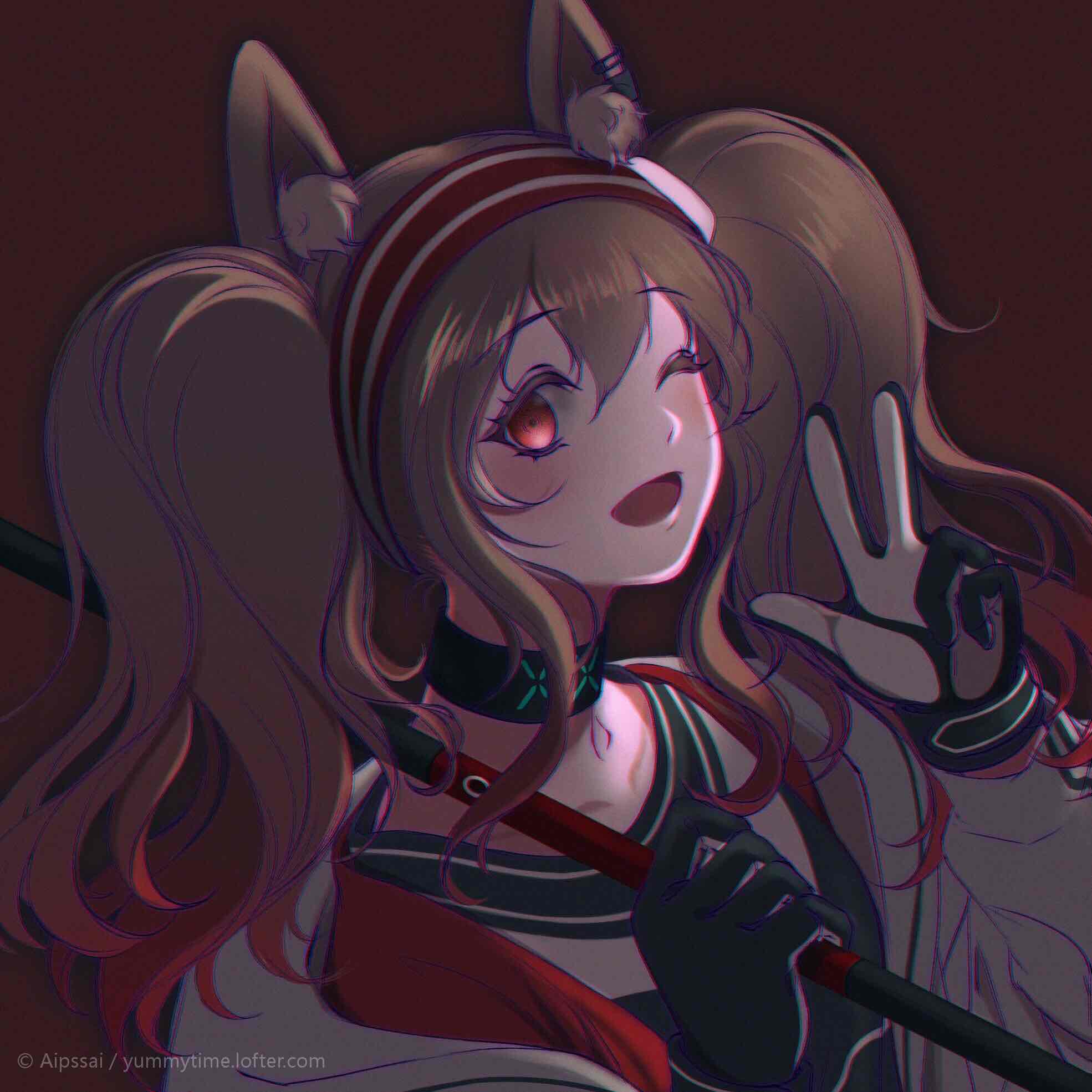 1girl ;d aipssai angelina_(arknights) animal_ears arknights artist_name bangs black_choker blush brown_background brown_hair choker collarbone commentary_request eyebrows_visible_through_hair fox_ears gloves hair_between_eyes hairband hands_up highres holding jacket long_hair looking_at_viewer one_eye_closed open_clothes open_jacket open_mouth red_eyes red_hairband shirt simple_background smile solo twintails upper_body w