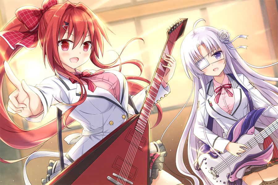2girls :d ahoge blush bow breasts eyepatch flower guitar hair_bow hair_flower hair_intakes hair_ornament hairclip heroic_songs! index_finger_raised indoors instrument large_breasts long_hair multiple_girls music open_mouth playing_instrument ponytail purple_hair red_bow red_eyes redhead skirt smile standing thigh-highs tougo very_long_hair violet_eyes window