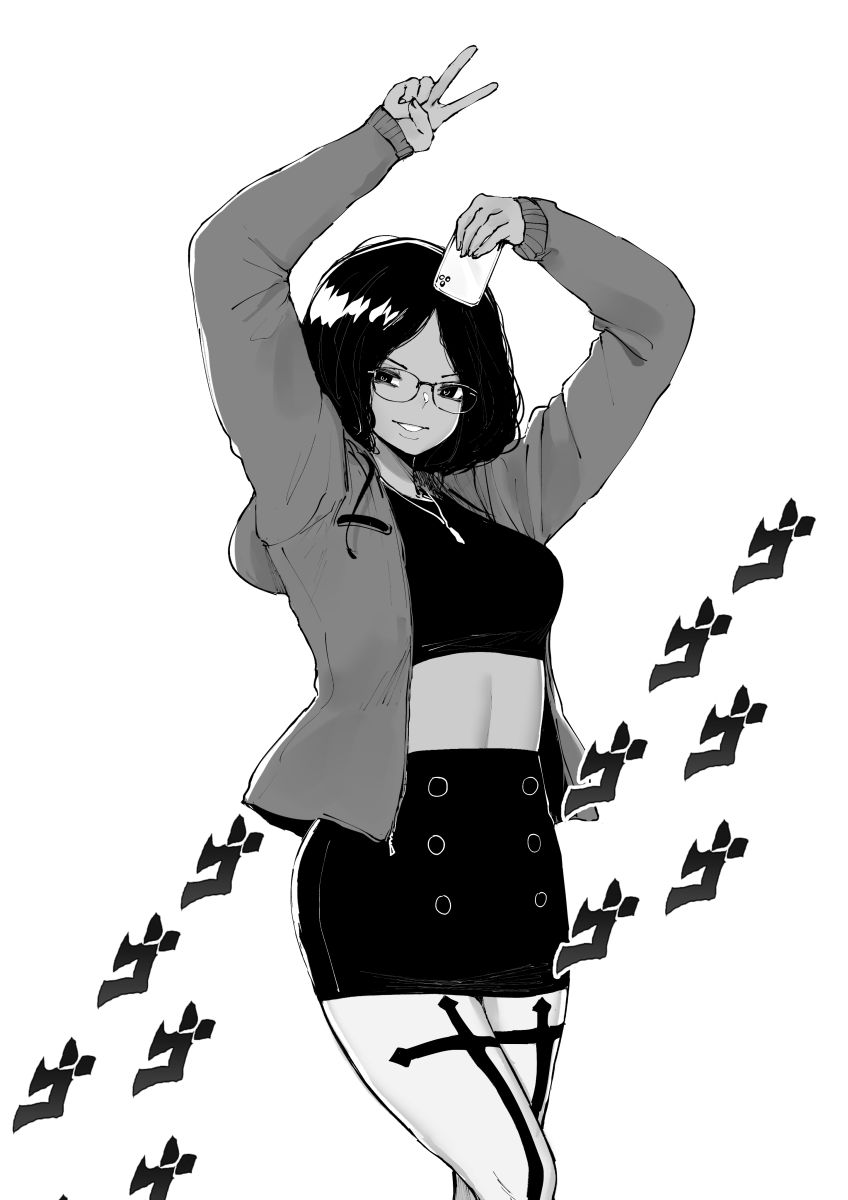 1girl arms_up bangs breasts cellphone commentary commission crop_top cross dark_skin english_commentary glasses high-waist_skirt highres holding holding_phone hood hood_down hoodie jewelry jojo_no_kimyou_na_bouken jojo_pose looking_at_viewer medium_breasts midriff monochrome necklace norman_maggot open_clothes open_hoodie pantyhose parted_bangs pencil_skirt phone pose real_life real_life_insert short_hair skirt smartphone solo toned v