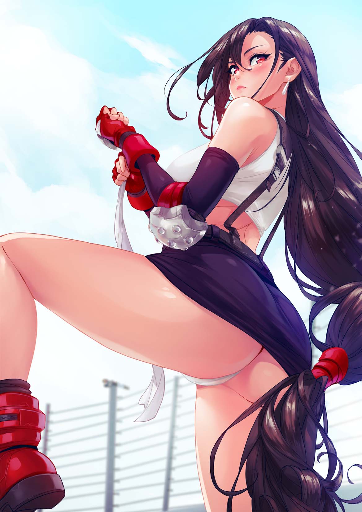 1girl ass bare_shoulders blue_sky blush breasts brown_hair earrings elbow_gloves fence final_fantasy final_fantasy_vii final_fantasy_vii_remake fingerless_gloves gauntlets gloves half-closed_eyes highres jewelry large_breasts leg_up long_hair looking_to_the_side low-tied_long_hair panties pantyshot pantyshot_(standing) pencil_skirt red_eyes red_footwear red_gloves skirt sky solo standing suspender_skirt suspenders tank_top tifa_lockhart underwear upskirt