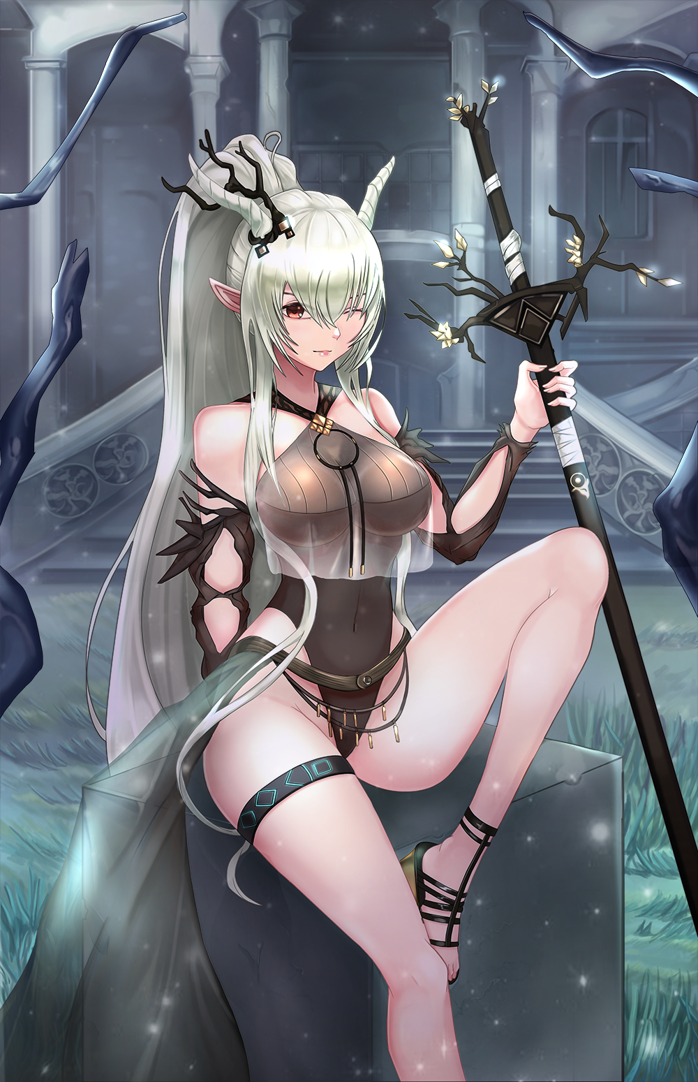 1girl arknights bangs bare_legs bare_shoulders black_leotard breasts building commentary_request covered_navel feet_out_of_frame grass hair_between_eyes halterneck hand_up highres holding holding_staff horns knee_up korean_commentary large_breasts leotard long_hair looking_at_viewer nayamer one_eye_closed pointy_ears ponytail red_eyes rock sandals shining_(arknights) sidelocks silver_hair sitting solo staff thigh_strap thighs very_long_hair