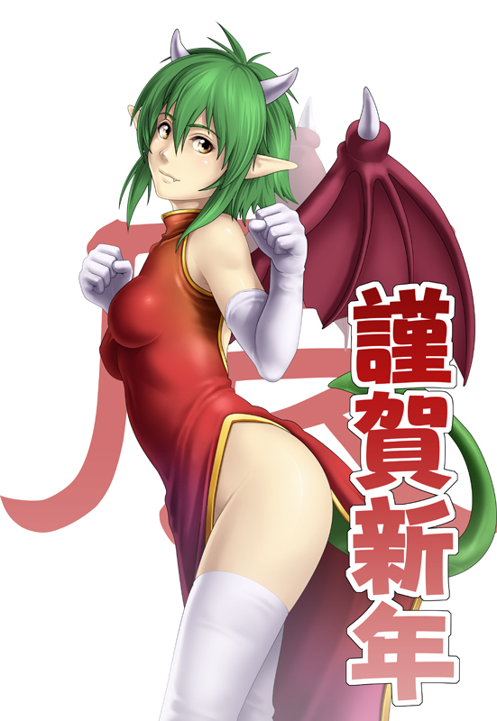 1girl breasts character_request china_dress chinese_clothes closed_mouth dress gloves green_hair horns looking_at_viewer short_hair solo tail thigh-highs thor_(deep_rising) wings yellow_eyes