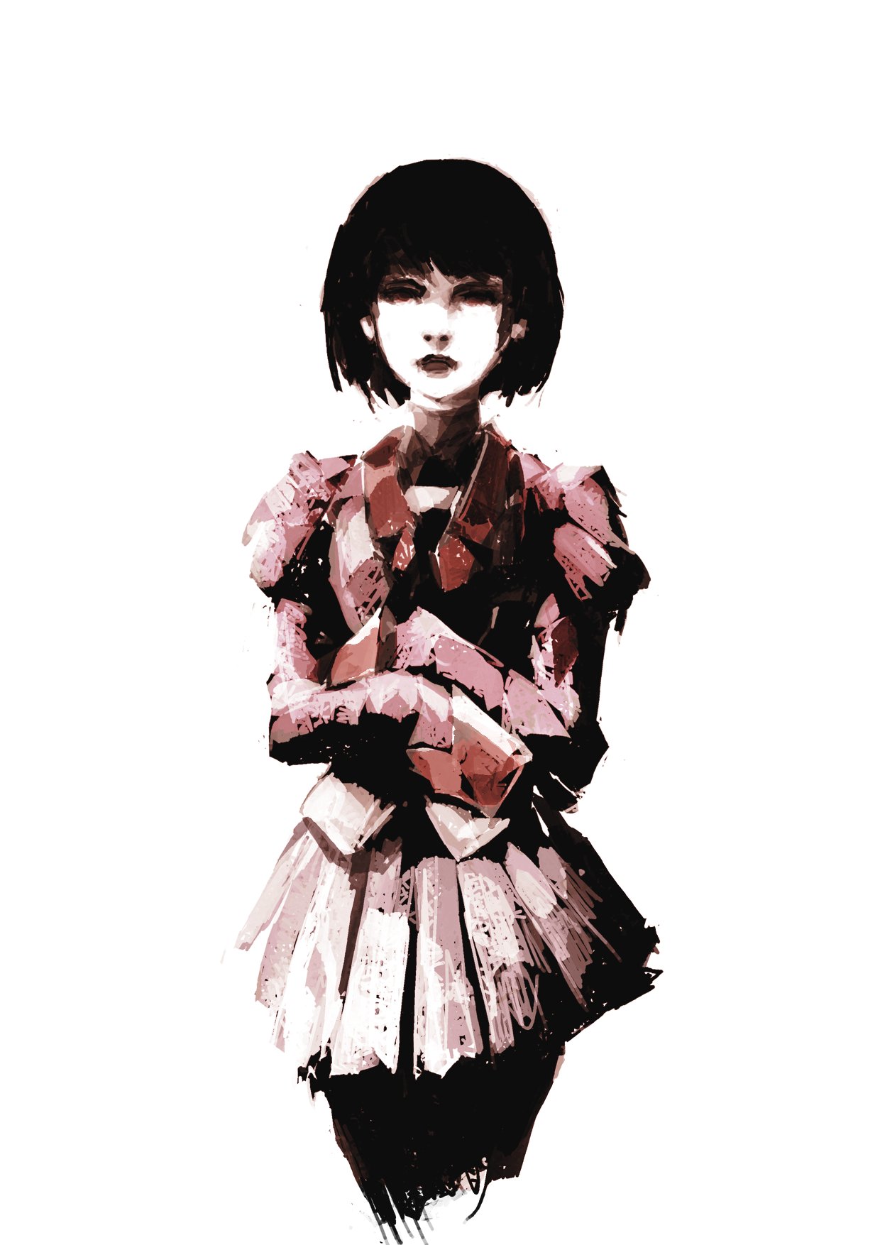 1girl abstract bangs black_eyes black_hair black_legwear black_lipstick black_neckwear black_shirt black_undershirt blunt_bangs bob_cut closed_mouth commentary empty_eyes expressionless faux_traditional_media grey_skirt hands_together highres horror_(theme) lipstick looking_ahead makeup monogatari_(series) necktie oshino_ougi ougibro_(spookybro) owarimonogatari pale_skin pantyhose pink_shirt pleated_skirt puffy_sleeves realistic school_uniform serious shaded_face shirt short_hair simple_background skirt sleeves_past_wrists solo turtleneck undershirt white_background