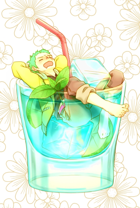 1boy alternate_costume arms_behind_head aya_(shin'ya_meisai) barefoot brown_pants closed_eyes cup drinking_straw floral_background food fruit full_body glass green_eyes ice in_container in_cup jacket lemon long_sleeves male_focus one_piece open_clothes open_jacket open_mouth pants pants_rolled_up pocket roronoa_zoro scar scar_across_eye shirt slipping solo yellow_jacket