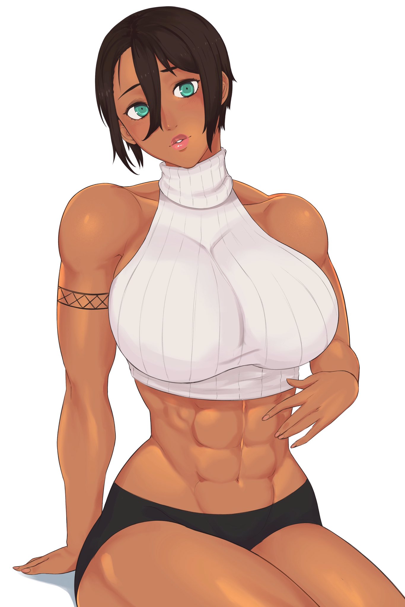 1girl alex_(nobodybutalex) armlet breasts brown_hair commentary crop_top dark_skin english_commentary green_eyes hair_between_eyes head_tilt highres huge_breasts legs_together lips lipstick looking_at_viewer makeup midriff muscle muscular_female navel original puckered_lips ribbed_sweater short_hair short_shorts shorts simone_(nobodybutalex) sitting sleeveless sleeveless_turtleneck solo sweater thick_thighs thighs turtleneck white_background