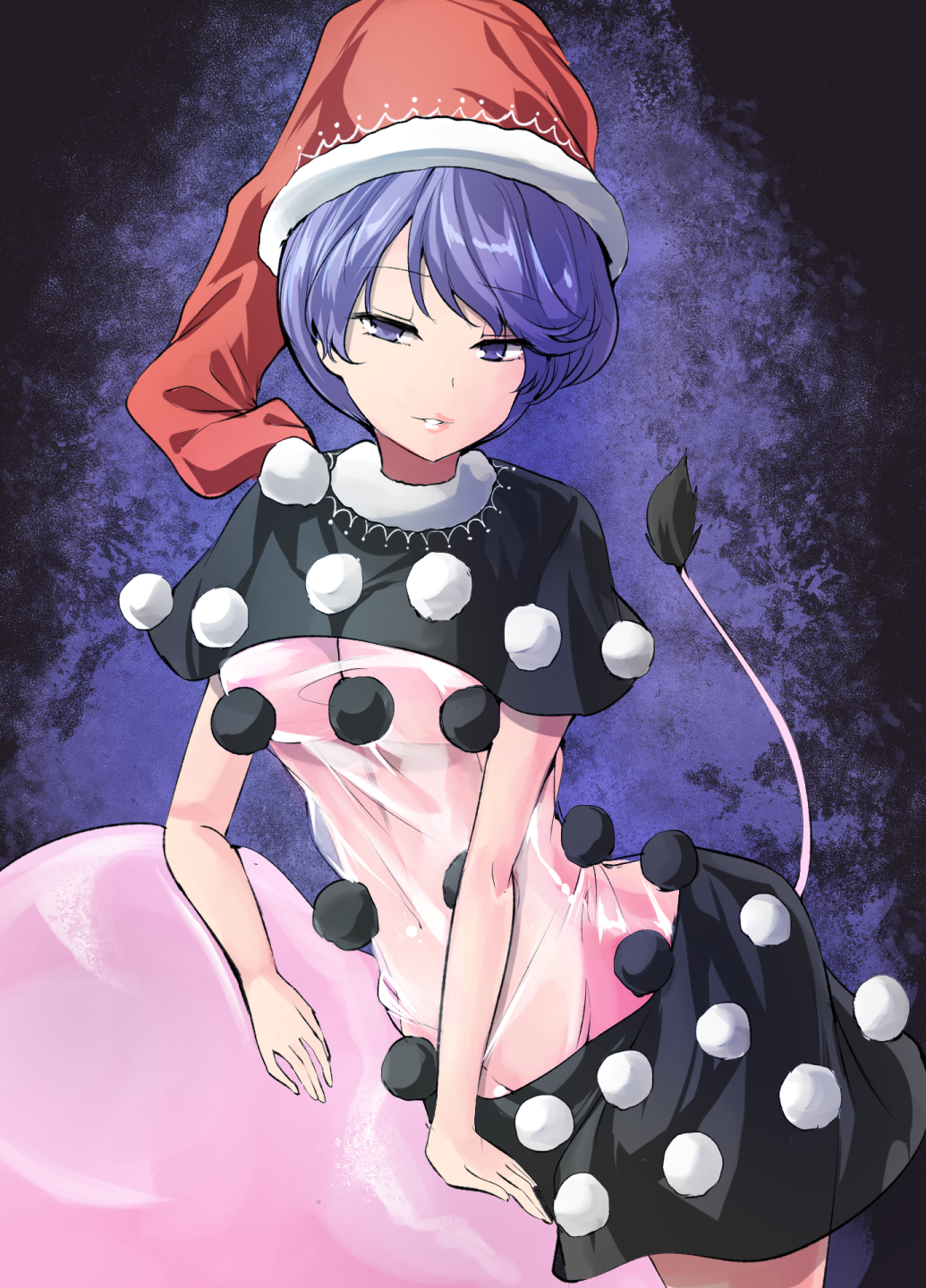1girl bangs black_capelet black_dress blob blue_eyes blue_hair breasts capelet commentary_request cowboy_shot doremy_sweet dress eyebrows_visible_through_hair hat highres looking_at_viewer medium_breasts multicolored multicolored_clothes multicolored_dress nightcap parted_lips pom_pom_(clothes) red_headwear see-through short_dress short_hair solo standing swept_bangs tail tapir_tail touhou y2