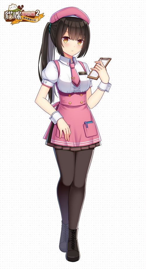 1girl apron bangs beret black_footwear black_hair black_legwear black_skirt blush boots breasts brown_eyes center_frills character_request clipboard closed_mouth collared_shirt cross-laced_footwear full_body hat hitsuki_rei holding lace-up_boots long_hair looking_at_viewer official_art pantyhose pink_apron pink_headwear pleated_skirt ponytail puffy_short_sleeves puffy_sleeves shirt short_sleeves sidelocks skirt small_breasts snowdreams_-lost_in_winter- solo standing uniform very_long_hair waitress white_shirt wrist_cuffs