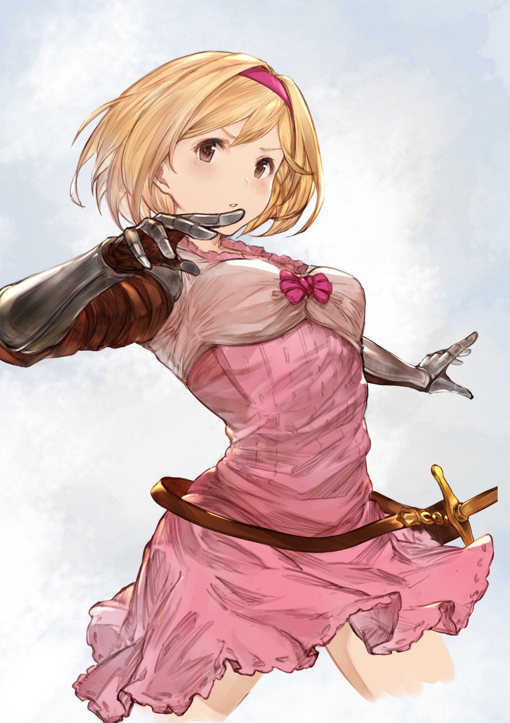 1girl armor belt blonde_hair blush bow bowtie breasts brown_belt brown_eyes cowboy_shot cropped_legs djeeta_(granblue_fantasy) gauntlets granblue_fantasy granblue_fantasy_versus hairband highres leather_belt looking_at_viewer pink_hairband sheath sheathed short_hair small_breasts solo sword thighs weapon white_background yashigaras