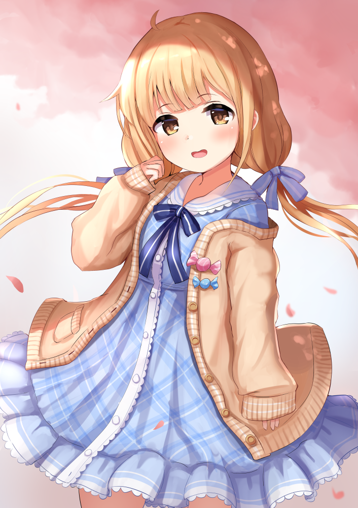 1girl :d a-1_pictures ahoge bandai_namco bangs blonde_hair blue_bow blue_dress blush bow brown_eyes brown_jacket commentary_request cute dress eyebrows_visible_through_hair futaba_anzu hair_bow hand_up head_tilt idolmaster idolmaster_cinderella_girls idolmaster_cinderella_girls_starlight_stage jacket loli long_hair long_sleeves looking_at_viewer low_twintails manda_(manda9n) off_shoulder open_clothes open_jacket open_mouth petals plaid plaid_dress sailor_collar sailor_dress sleeves_past_wrists smile solo standing striped striped_bow twintails very_long_hair white_sailor_collar