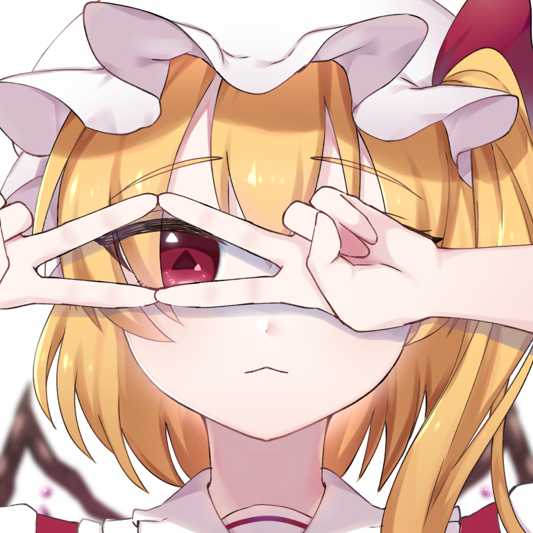 1girl :&lt; bangs blonde_hair blurry blurry_background closed_mouth depth_of_field double_v eringi_(rmrafrn) eyebrows_visible_through_hair flandre_scarlet hair_between_eyes hands_up hat long_hair looking_at_viewer mob_cap one_side_up portrait red_eyes simple_background solo symbol-shaped_pupils touhou triangle-shaped_pupils v v_over_eye white_background white_headwear wings