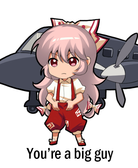 1girl aircraft airplane bangs bow chibi chinese_commentary commentary_request english_text eyebrows_visible_through_hair fujiwara_no_mokou full_body hair_between_eyes hair_bow long_hair looking_at_viewer ofuda pants pink_eyes pink_hair puffy_short_sleeves puffy_sleeves red_footwear red_pants shangguan_feiying shirt shoes short_sleeves sidelocks simple_background solo standing suspenders touhou very_long_hair white_background white_bow white_shirt