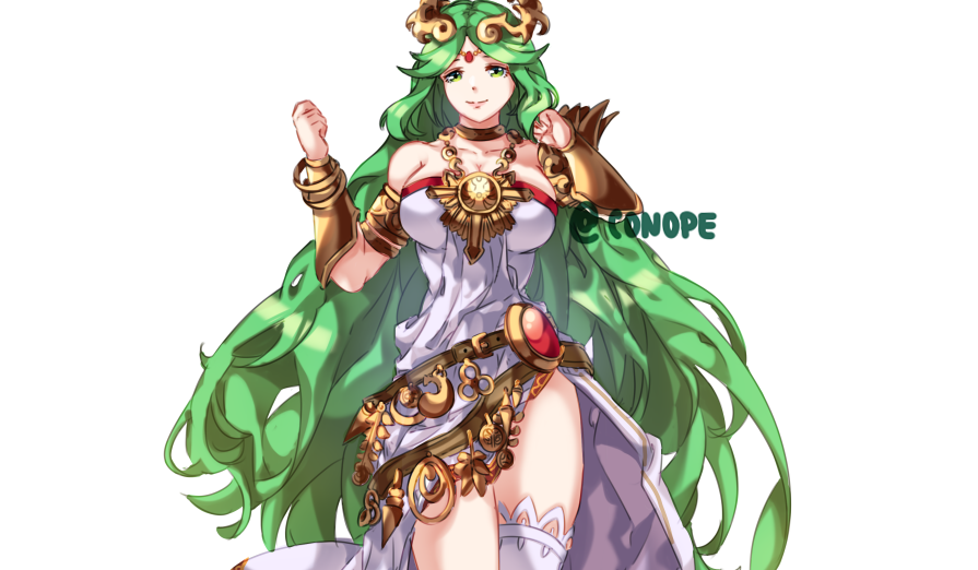 bare_shoulders clenched_hands commission conope dress forehead_jewel gauntlets goddess gold_necklace green_eyes green_hair kid_icarus kid_icarus_uprising long_hair looking_at_viewer palutena smile thigh-highs very_long_hair white_dress