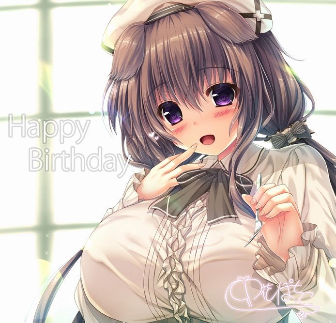 animal_ears beret blurry blurry_background blush breasts brown_hair commentary_request dog_ears eyebrows_visible_through_hair finger_to_face fork green_ribbon hair_between_eyes hair_ribbon happy_birthday hat holding holding_fork kanohara_wakaba large_breasts looking_at_viewer neck_ribbon open_mouth original ribbon shirt signature twintails unohana_pochiko white_headwear white_shirt window