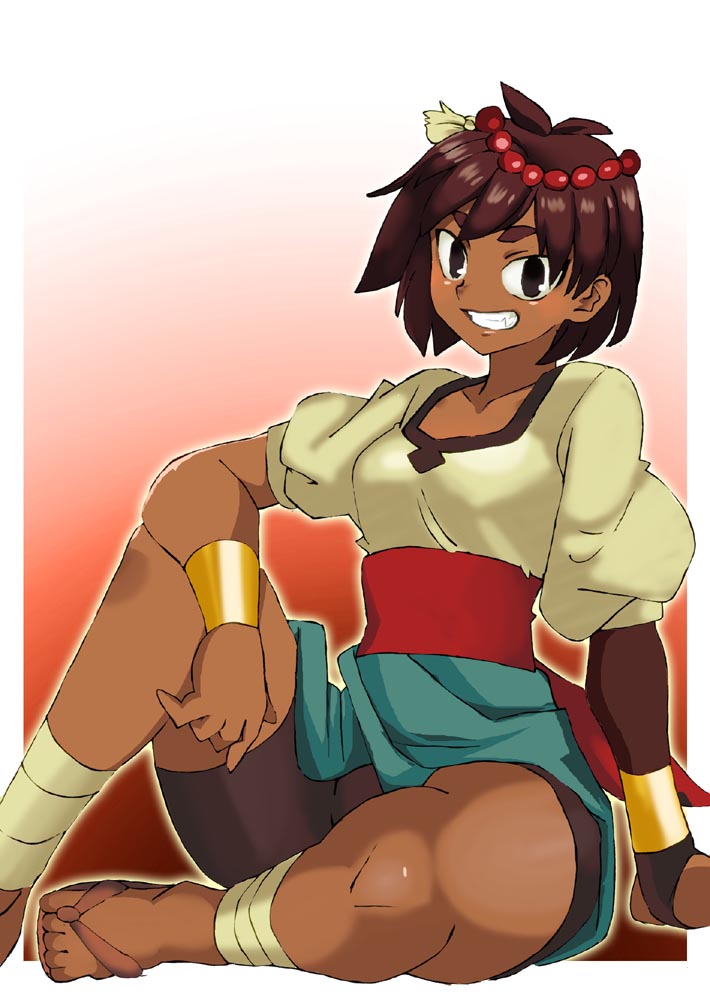 1girl ajna_(indivisible) ankle_wrap beads bike_shorts bracelet breasts brown_hair dark_skin graphite_(medium) hair_ornament indivisible jewelry looking_at_viewer millipen_(medium) onnaski open_mouth sandals short_hair smile solo thick_eyebrows traditional_media