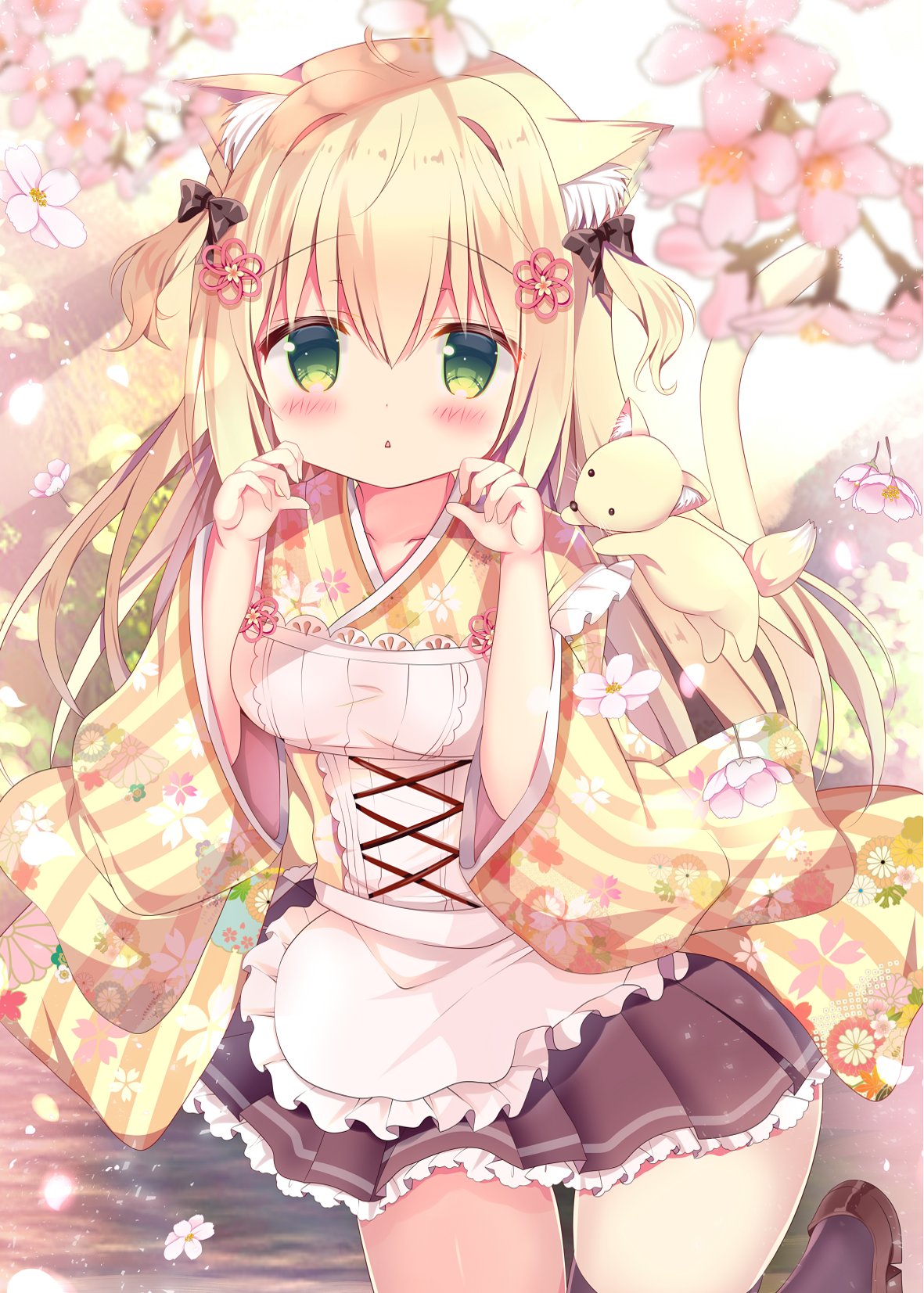1girl :&lt; animal animal_ear_fluff animal_ears animal_request apron azumi_kazuki bangs black_bow black_legwear black_skirt blonde_hair blurry blurry_foreground blush bow breasts brown_footwear brown_kimono commentary_request depth_of_field eyebrows_visible_through_hair floral_print flower frilled_apron frilled_skirt frills green_eyes hair_between_eyes hair_bow hands_up highres japanese_clothes kimono loafers long_hair long_sleeves medium_breasts original parted_lips pink_flower pleated_skirt print_kimono purple_flower shoes skirt solo striped striped_kimono tail tail_raised thigh-highs triangle_mouth two_side_up vertical-striped_kimono vertical_stripes very_long_hair white_apron white_flower wide_sleeves