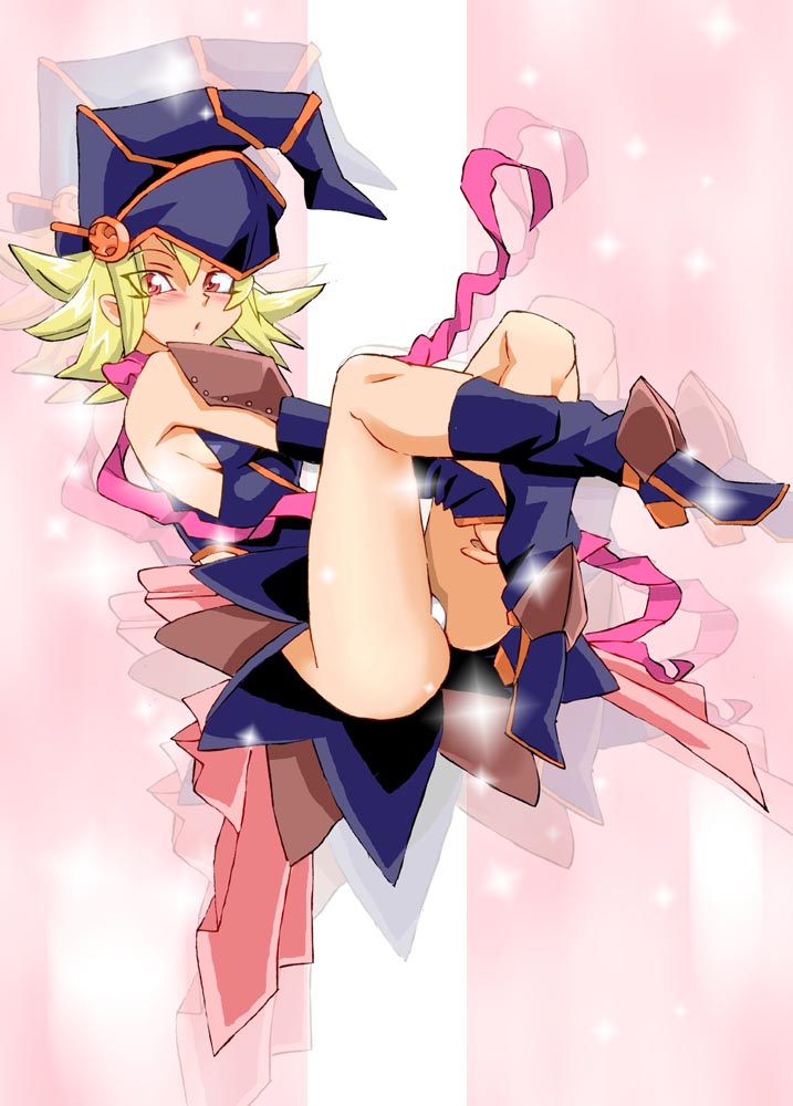 1girl bare_shoulders blonde_hair blush breasts detached_sleeves duel_monster gagaga_girl graphite_(medium) hat long_hair looking_at_viewer millipen_(medium) onnaski panties red_eyes solo traditional_media underwear wizard_hat yuu-gi-ou yuu-gi-ou_zexal