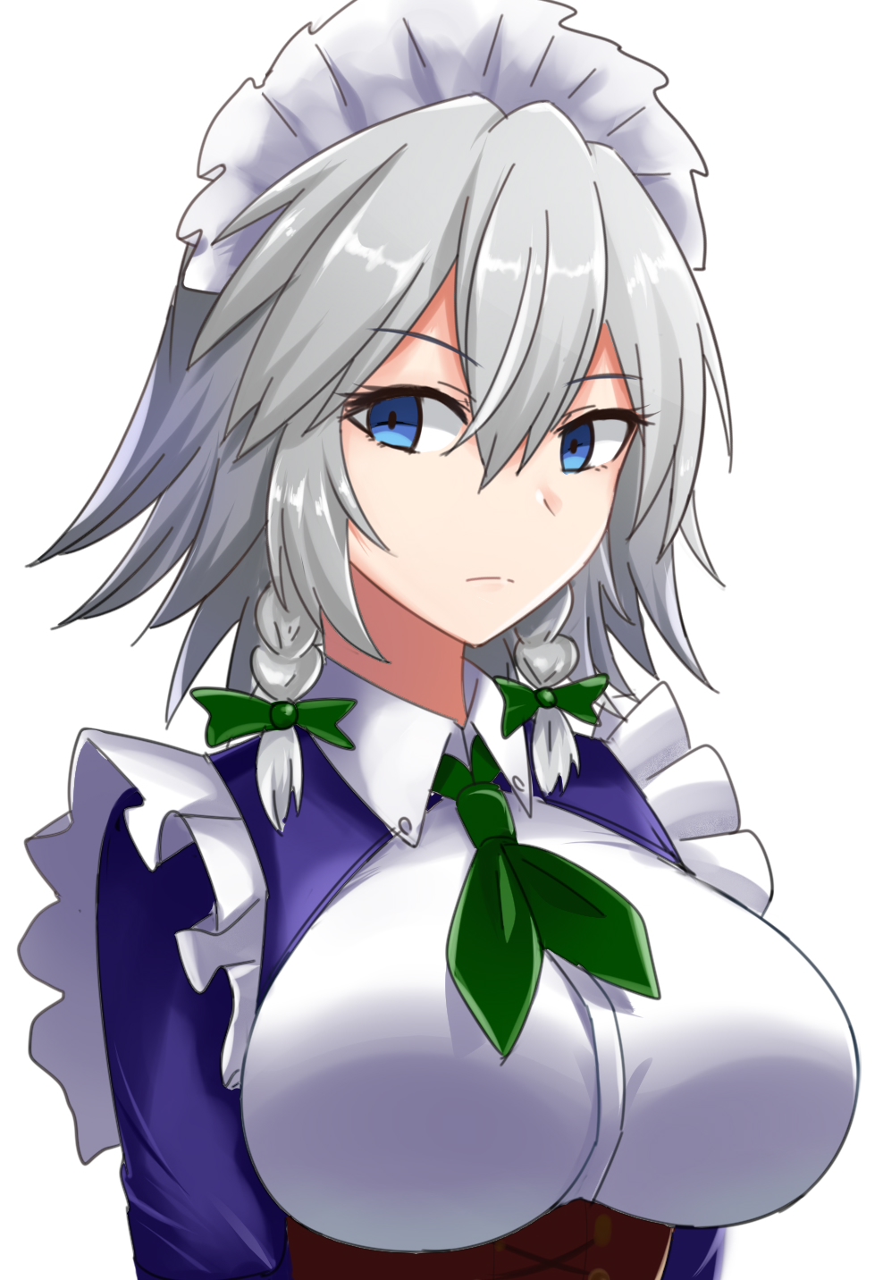 1girl bangs blue_eyes bow braid breasts commentary_request eyebrows_visible_through_hair green_bow hair_between_eyes hair_bow highres izayoi_sakuya large_breasts looking_at_viewer maid maid_headdress short_hair silver_hair simple_background solo touhou twin_braids upper_body white_background wuwusan