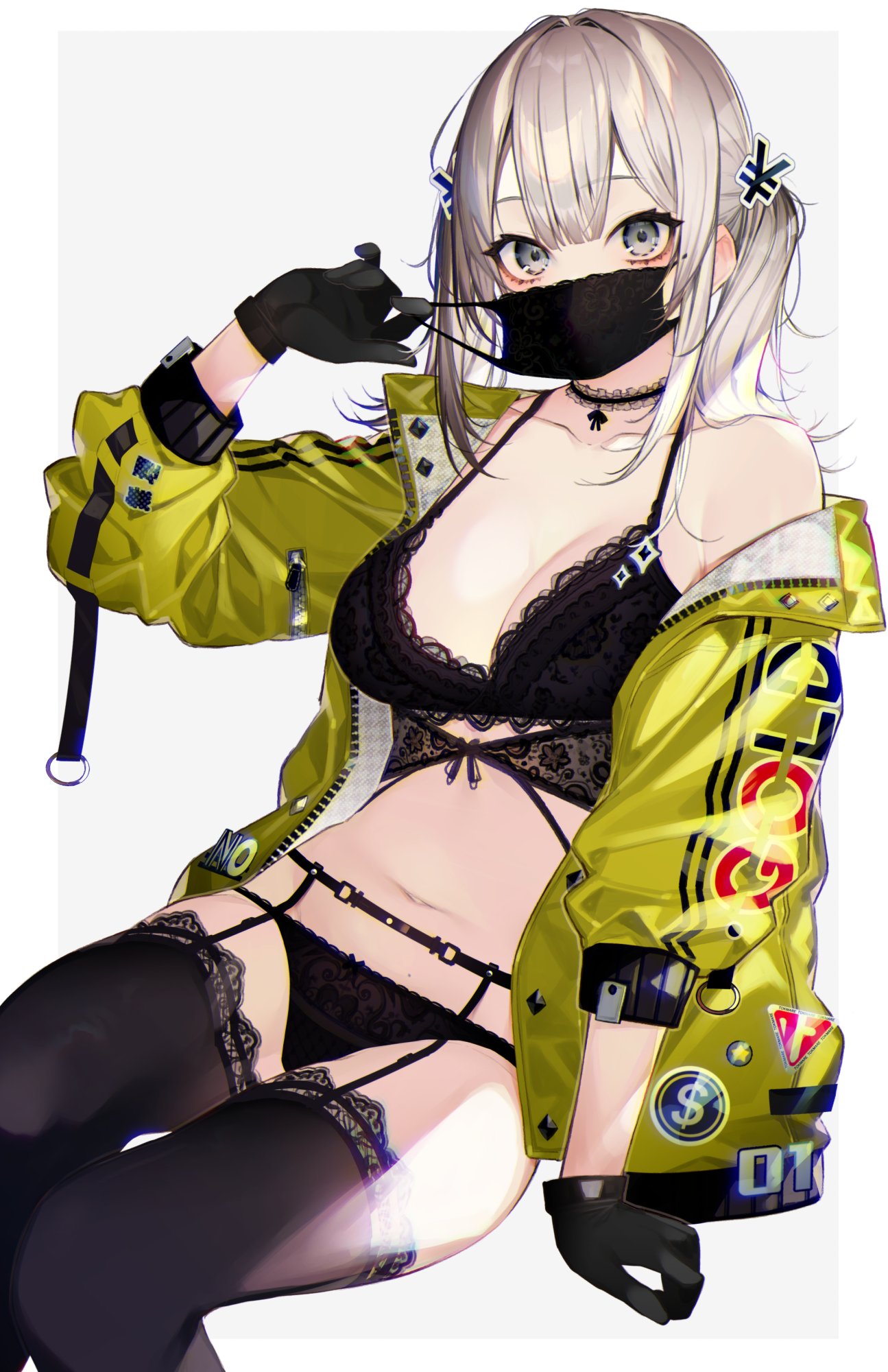1girl bare_shoulders black_bra black_gloves black_legwear black_panties bra breasts choker collarbone garter_straps gloves green_jacket grey_eyes hair_ornament highres jacket kayahara lingerie long_hair long_sleeves looking_at_viewer mask mask_pull medium_breasts mole mole_on_stomach mouth_mask navel off_shoulder open_clothes open_jacket original panties silver_hair solo stomach surgical_mask thigh-highs twintails underwear