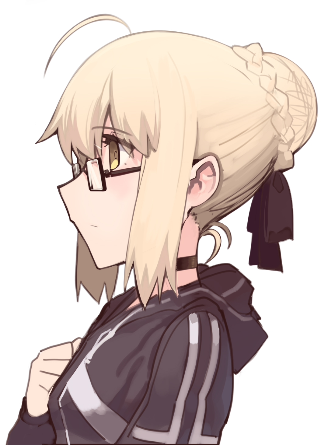 1girl ahoge artoria_pendragon_(all) black-framed_eyewear black_choker black_ribbon blonde_hair blush boa_(brianoa) braid braided_bun choker closed_mouth fate/grand_order fate_(series) glasses grey_hoodie hair_bun hair_ribbon hand_up highres hood hood_down hoodie long_sleeves mysterious_heroine_x_(alter) ribbon short_hair sidelocks simple_background solo upper_body white_background yellow_eyes