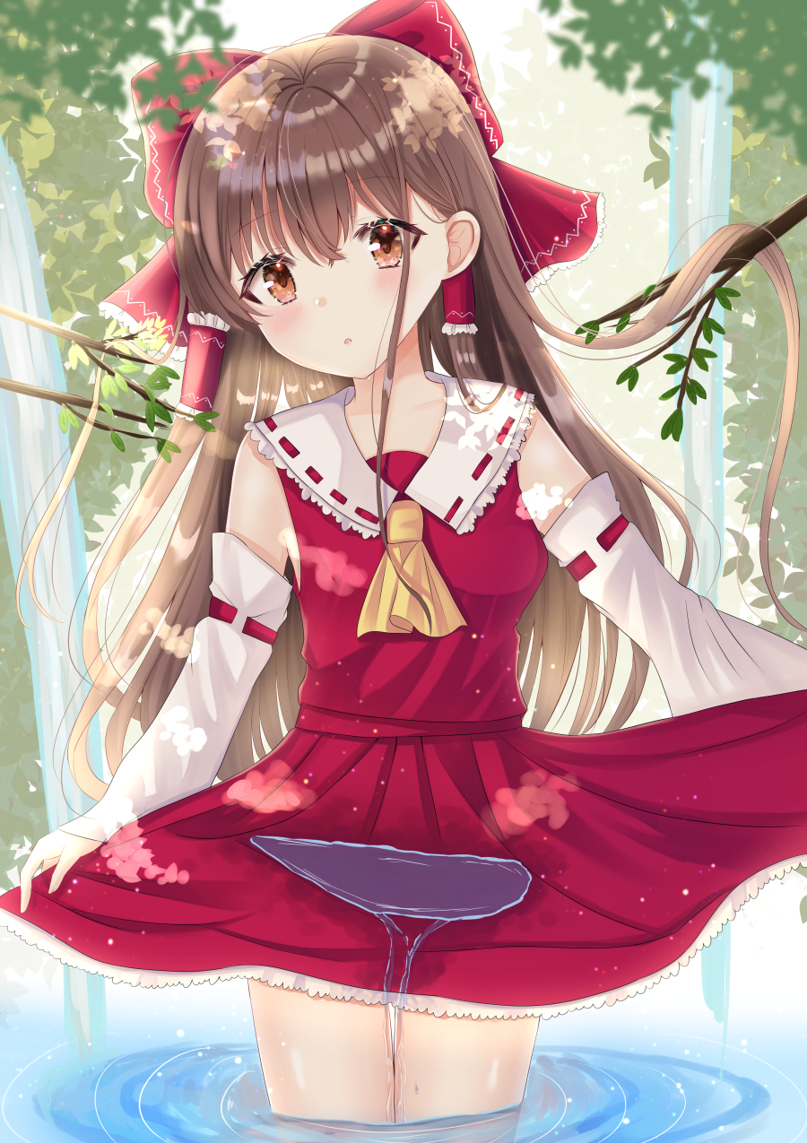 1girl :o blurry bow brown_eyes brown_hair collarbone commentary cowboy_shot cravat dappled_sunlight day depth_of_field detached_sleeves eyebrows_visible_through_hair hair_bow hair_tubes hakurei_reimu head_tilt highres lifted_by_self light_blush long_hair looking_at_viewer nibosisuzu outdoors petticoat red_skirt red_vest ribbon-trimmed_sleeves ribbon_trim skirt skirt_lift solo standing sunlight team_shanghai_alice thigh_gap touhou tree_branch very_long_hair vest wading water waterfall wet wet_clothes yellow_neckwear