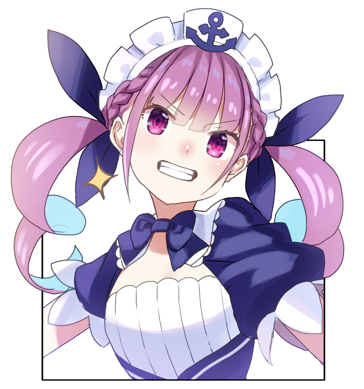 1girl anchor_symbol blue_dress blue_neckwear bow bowtie braid dress drill_hair eyebrows_visible_through_hair french_braid grin hair_ribbon head_tilt hololive long_hair looking_at_viewer maid maid_headdress minato_aqua purple_hair ribbon short_sleeves simple_background smile solo sparkle teeth tokumaro twin_drills twintails upper_body violet_eyes virtual_youtuber white_background