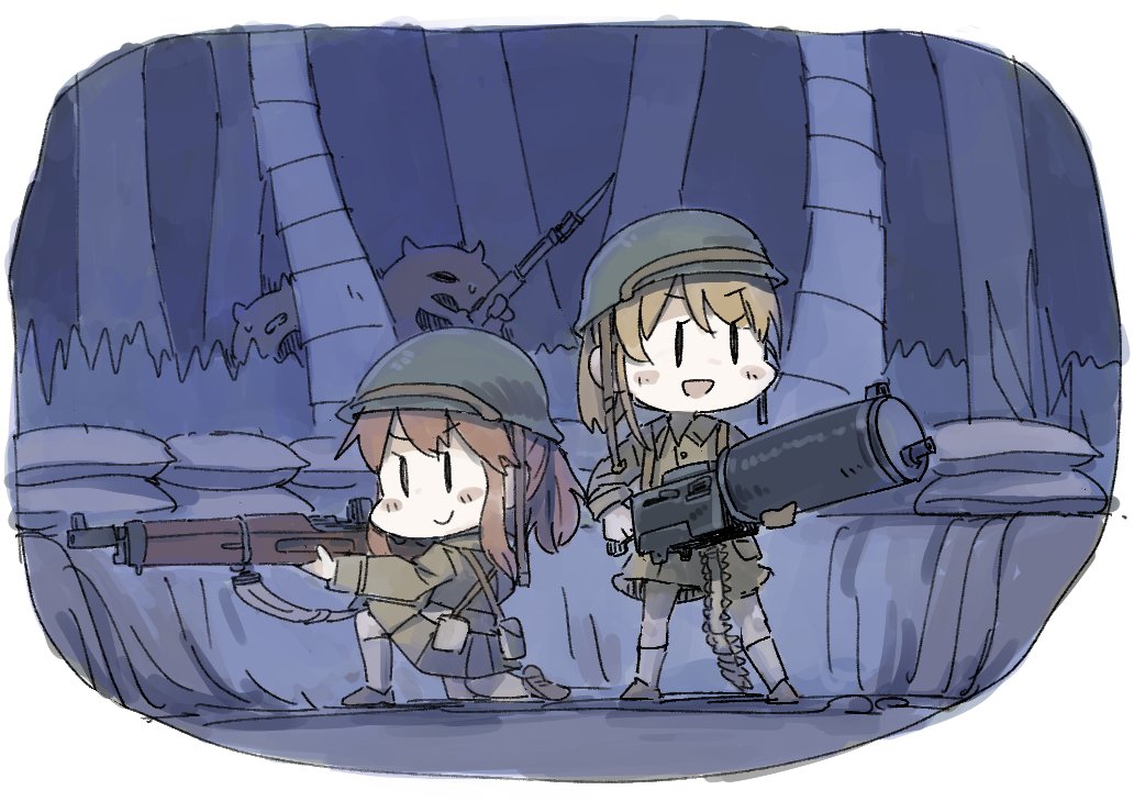 2girls bangs blush brown_hair enemy_lifebuoy_(kantai_collection) eyebrows_visible_through_hair fairy_(kantai_collection) gun hat helmet holding holding_gun holding_weapon juraki_hakuaki kantai_collection long_hair long_sleeves military military_uniform multiple_girls open_mouth outdoors ponytail pouch shinkaisei-kan skirt smile sweat uniform weapon