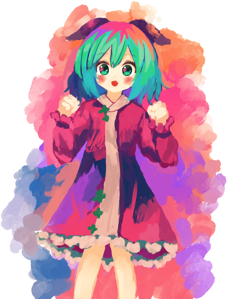 1girl :d animal_ears blush child clenched_hands commentary_request cowboy_shot dog_ears ears ears_down eyebrows_visible_through_hair hands_up kasodani_kyouko long_sleeves looking_at_viewer multicolored multicolored_background multicolored_hair open_mouth puffy_long_sleeves puffy_sleeves puroshimin short_hair smile touhou