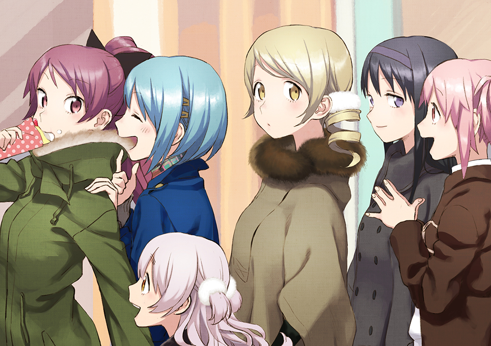 6+girls :d :o ^_^ age_difference akemi_homura alternate_costume arm_at_side black_coat black_hair black_ribbon blonde_hair blue_coat blue_hair blurry blurry_background blush breasts brown_coat buttons child closed_eyes coat cream crepe curly_hair drill_hair eating eyebrows_visible_through_hair fingernails food food_on_face food_wrapper fruit fur-trimmed_coat fur_trim green_coat hair_ornament hair_ribbon hairband hairclip half-closed_eyes hand_on_another's_shoulder hand_up hands_clasped height_difference high_ponytail holding holding_food index_finger_raised kaname_madoka kyo-ani_love light_smile looking_at_another looking_away looking_back mahou_shoujo_madoka_magica mahou_shoujo_madoka_magica_movie miki_sayaka momoe_nagisa multicolored multicolored_background multiple_girls open_mouth own_hands_together pink_eyes pink_hair pointing pointing_at_self polka_dot pom_pom_(clothes) ponytail profile purple_hairband red_eyes redhead ribbon sakura_kyouko shiny shiny_hair short_hair sidelocks small_breasts smile straight_hair strawberry teeth tomoe_mami twin_drills twintails two_side_up upper_body upper_teeth violet_eyes walking white_hair winter_clothes yellow_eyes