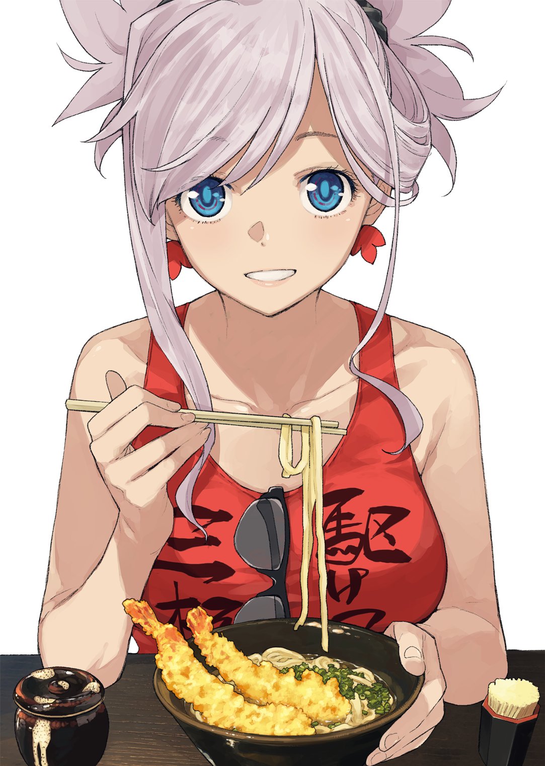 1girl alternate_costume asymmetrical_hair bare_shoulders blue_eyes bowl breasts commentary_request earrings eating fate/grand_order fate_(series) food grin heroic_spirit_traveling_outfit highres imigimuru jewelry large_breasts looking_at_viewer miyamoto_musashi_(fate/grand_order) noodles pink_hair ponytail red_tank_top shrimp smile sunglasses tank_top