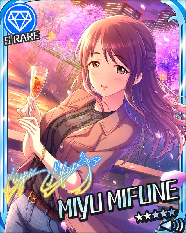 blush brown_eyes brown_hair character_name dress idolmaster idolmaster_cinderella_girls long_hair mifune_miyu smile stars