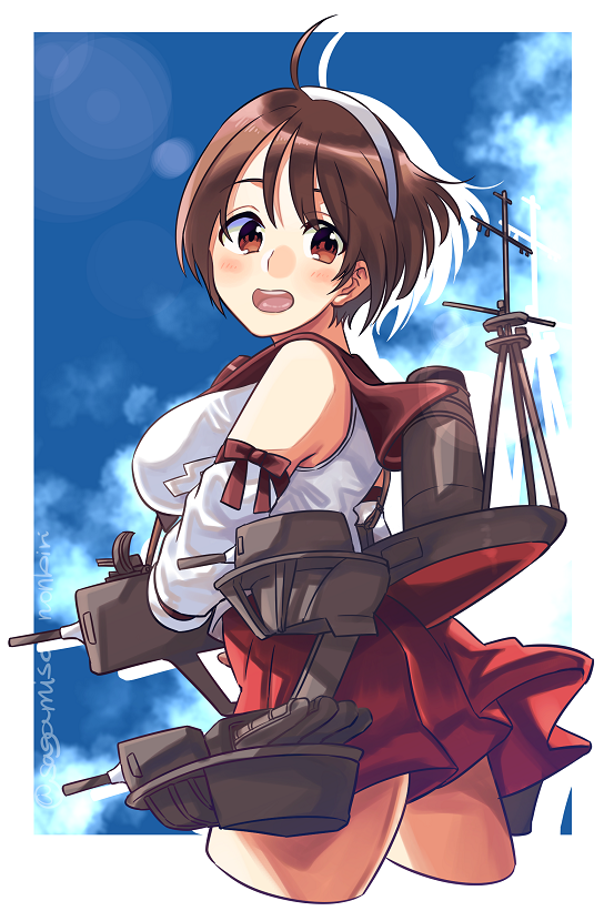 1girl ahoge bangs blush breasts brown_eyes brown_hair clouds cropped_jacket detached_sleeves hairband kantai_collection large_breasts natori_(kantai_collection) open_mouth red_skirt ribbon-trimmed_sleeves ribbon_trim rigging sagamiso sailor_collar short_hair skirt sky solo twitter_username white_hairband