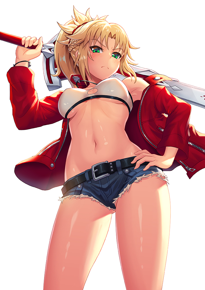 1girl bandeau bangs belt blonde_hair blue_shorts blush braid breasts clarent closed_mouth cutoffs denim denim_shorts fate/apocrypha fate_(series) french_braid green_eyes hair_ornament hair_scrunchie hand_on_hip jacket jewelry long_hair long_sleeves looking_at_viewer medium_breasts micro_shorts mordred_(fate) mordred_(fate)_(all) navel necklace open_clothes open_jacket over_shoulder parted_bangs ponytail red_jacket red_scrunchie scrunchie shorts sidelocks simple_background solo sword tako_seijin thighs weapon weapon_over_shoulder white_background