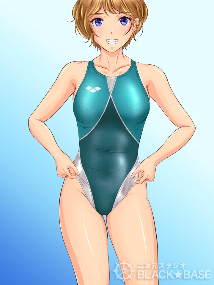 1girl adjusting_clothes adjusting_swimsuit blue_background blue_eyes blue_swimsuit breasts brown_hair collarbone commentary_request competition_swimsuit covered_nipples gradient gradient_background grin highleg highleg_swimsuit looking_at_viewer medium_breasts one-piece_swimsuit original short_hair smile solo standing swimsuit yukinoshita_mizuka