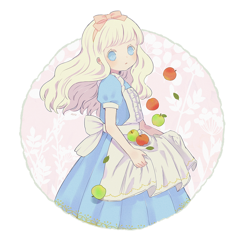 1girl alice_(wonderland) alice_in_wonderland apron ayu_(mog) blonde_hair blue_dress blue_eyes blush bow bright_pupils dress from_side green_apple hair_bow hairband leaf looking_at_viewer looking_to_the_side parted_lips pink_bow pink_hairband puffy_short_sleeves puffy_sleeves red_apple short_sleeves solo standing white_apron