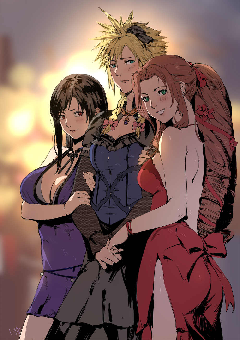 1boy 2girls aerith_gainsborough arm_hug black_hair brown_hair cloud_strife dress final_fantasy final_fantasy_vii final_fantasy_vii_remake highres looking_at_viewer multiple_girls nanaya_(daaijianglin) purple_dress red_dress smile spiky_hair tifa_lockhart