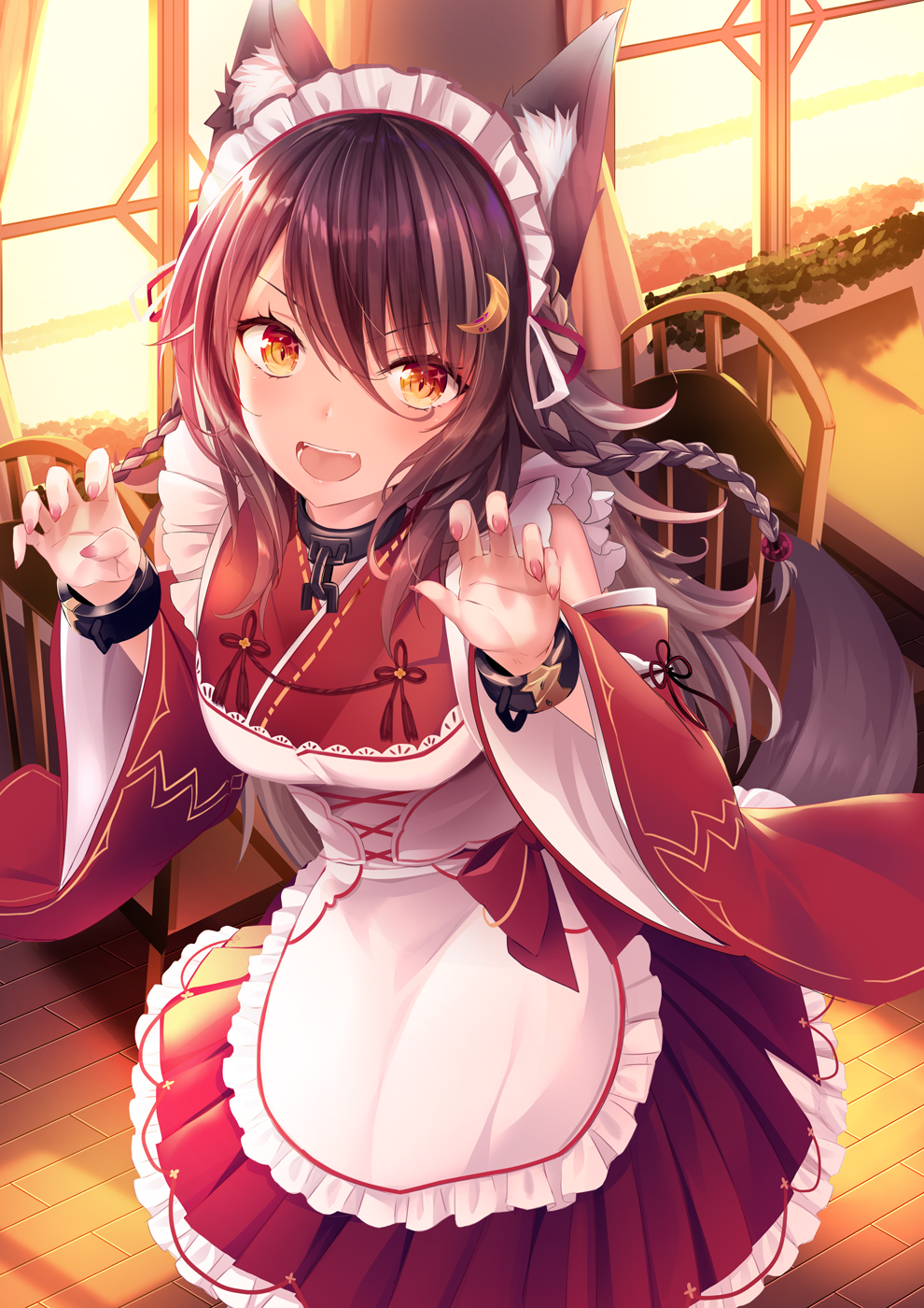 1girl :d animal_ears apron black_hair braid breasts chair choker claw_pose commentary_request cuffs detached_sleeves dress fang fox_ears fox_girl fox_tail frilled_apron frills hair_ornament handcuffs haruka_natsuki highres indoors long_hair long_sleeves looking_at_viewer maid maid_apron maid_headdress open_mouth orange_eyes original pleated_dress red_dress small_breasts smile solo tail v-shaped_eyebrows wa_maid wide_sleeves window