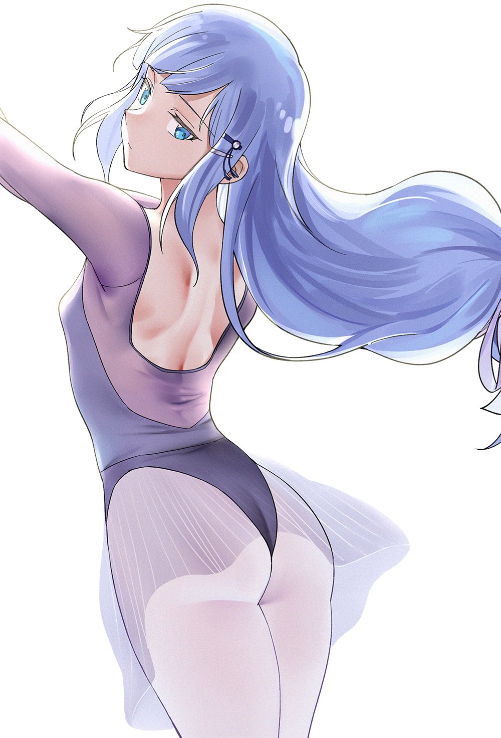1girl arched_back ass back backless_leotard backless_outfit backlighting ballet_leotard bangs blue_eyes blue_leotard breasts closed_mouth commentary_request cowboy_shot expressionless from_behind hair_ornament hairclip head_tilt highres idolmaster idolmaster_million_live! idolmaster_million_live!_theater_days leotard liu_chi_tiantang_fr long_hair long_sleeves looking_at_viewer looking_back outstretched_arms pantyhose see-through shiny shiny_hair shiraishi_tsumugi shoulder_blades sidelocks silver_hair simple_background small_breasts solo standing tutu very_long_hair white_background white_legwear