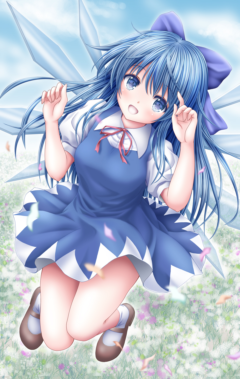 1girl akino_irori bangs blue_bow blue_dress blue_eyes blue_hair bow breasts cirno clouds cloudy_sky collared_shirt commentary_request dress eyebrows_visible_through_hair field flower flower_field grass hair_between_eyes hair_bow highres ice ice_wings loafers long_hair looking_at_viewer medium_breasts neck_ribbon open_mouth petals pinafore_dress puffy_short_sleeves puffy_sleeves red_ribbon ribbon shirt shoes short_sleeves sidelocks sky socks solo touhou white_legwear white_shirt wings